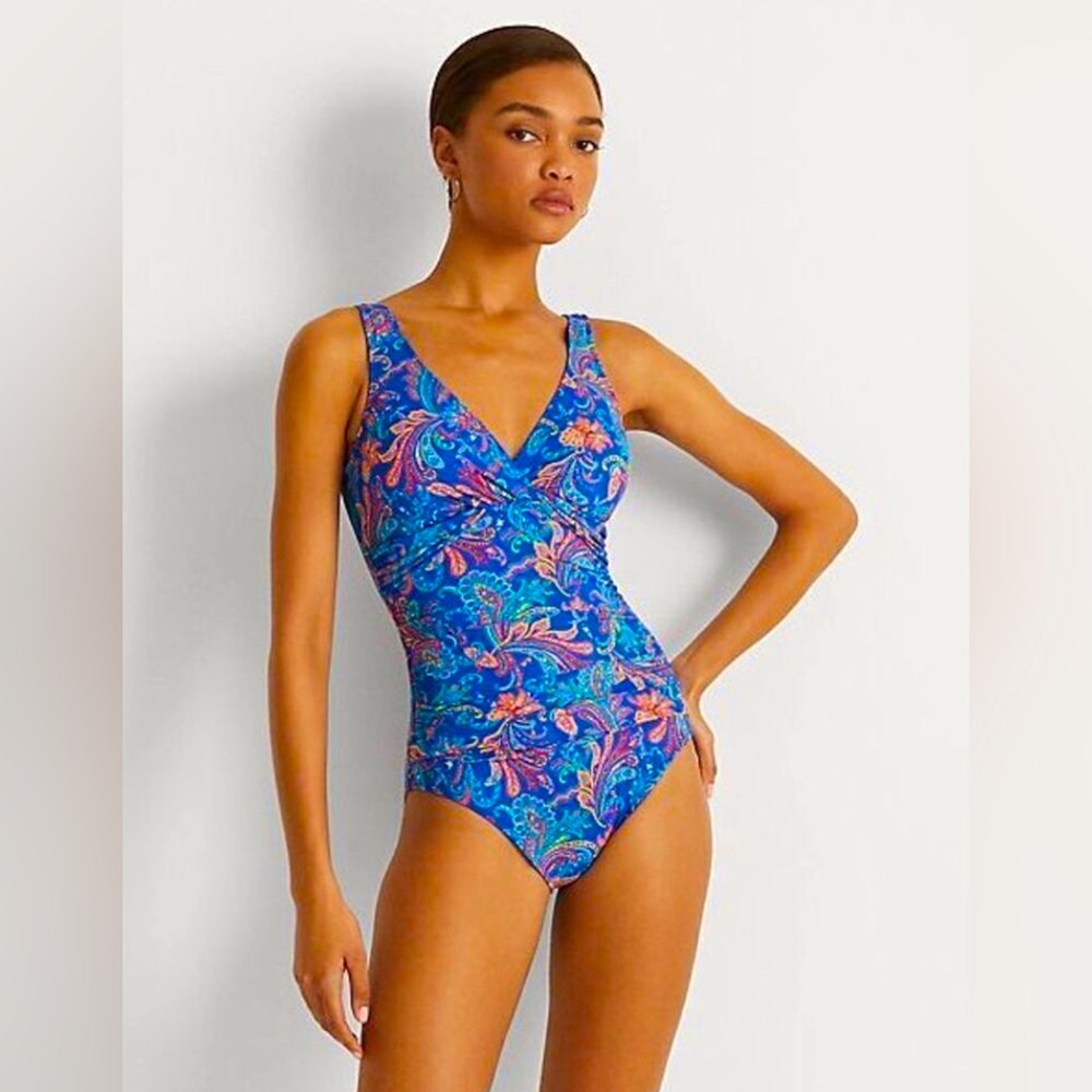 Lauren Ralph Lauren Summer Paisley Twist Over The Shoulder One Piece Swimsuit